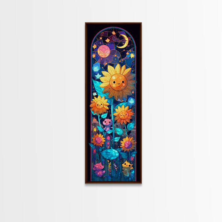 The Singing Sunflowers At Midnight, Retro Neon Halloween Art, Tall Narrow Wall Art, Framed Canvas Print, Retro Halloween Decor