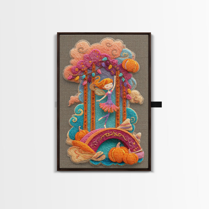 The Autumn Fairy Bridge, Cute Spooky Neon Art, Vertical Wall Art, Canvas Print, Retro Halloween Decor, Neon Wall Art, Collectible Wall Decor