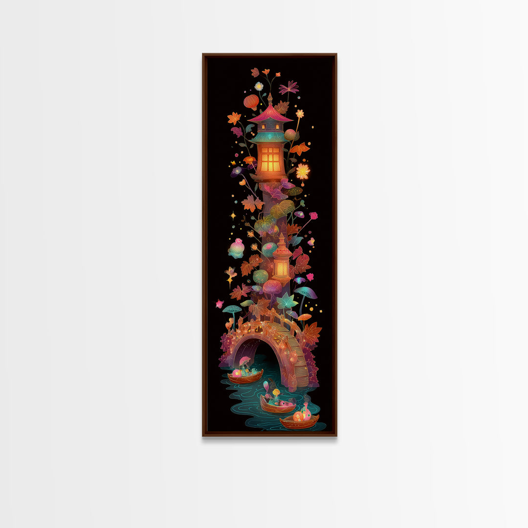 The Autumn Fairy Bridge, Cute Spooky Neon Art, Tall Narrow Wall Art, Canvas Print, Retro Halloween Decor, Neon Wall Art