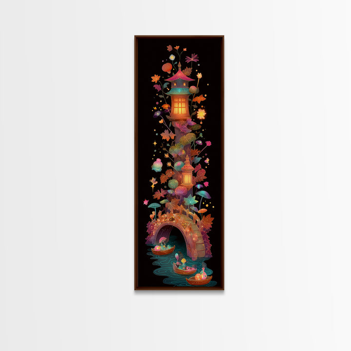 The Autumn Fairy Bridge, Cute Spooky Neon Art, Tall Narrow Wall Art, Canvas Print, Retro Halloween Decor, Neon Wall Art
