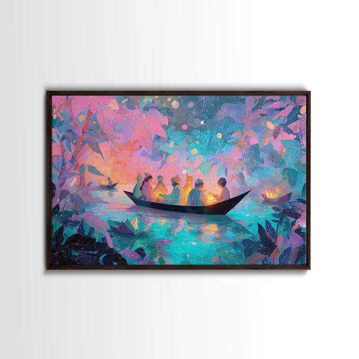 The Golden Leaf River, Cute Spooky Neon Art, Landscape Wall Art, Canvas Print, Retro Halloween Decor, Neon Wall Art, Dark Fantasy Art