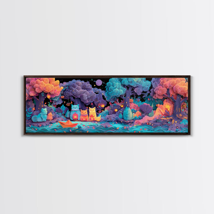 The Golden Leaf River, 80s Halloween Wall Art, Extra Wide Wall Art, Canvas Print, Retro Halloween Decor, Neon Wall Art