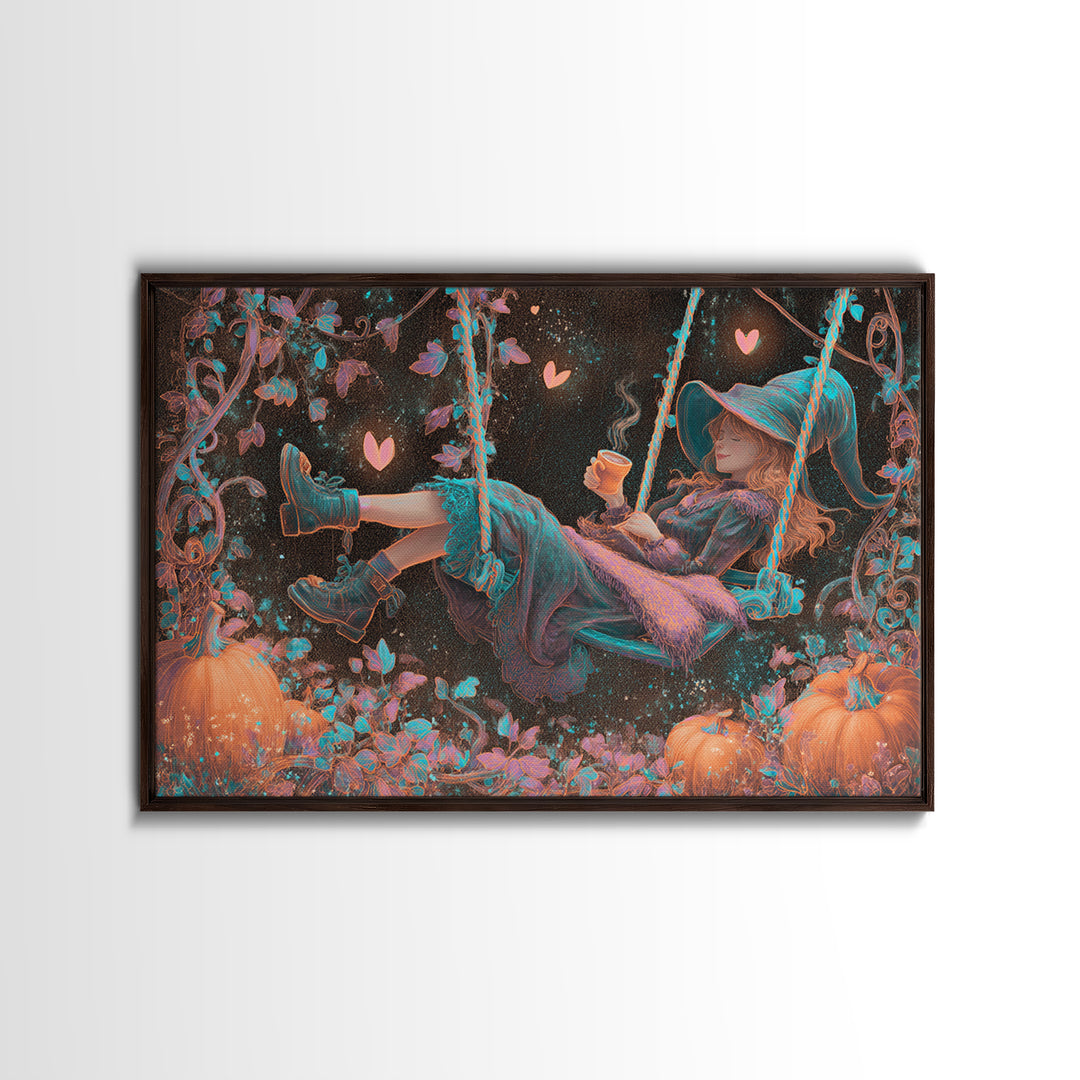 The Pumpkin Vine Swing, Vaporwave Halloween Decor, Landscape Wall Art, Canvas Print, Retro Halloween Decor, Neon Wall Art