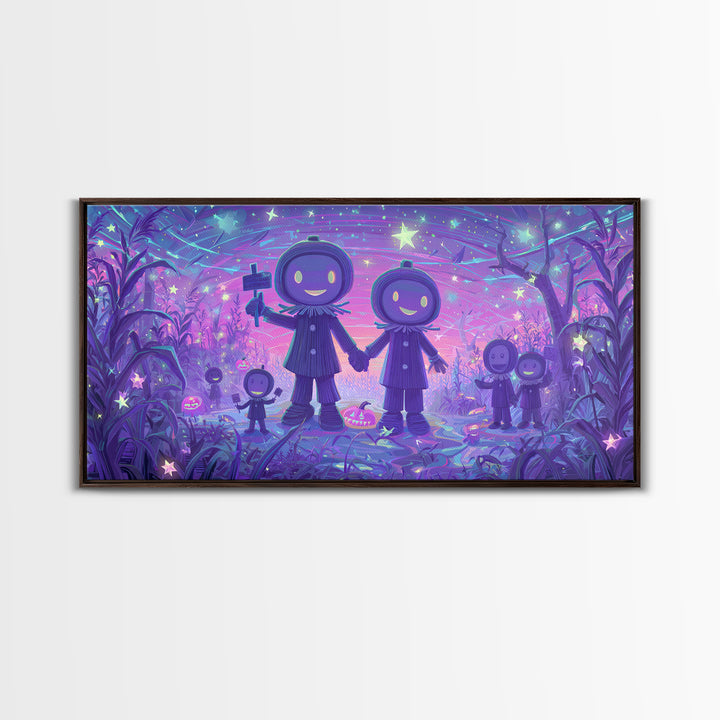 The Starry Cornfield Maze, 80s Halloween Wall Art, Wide Panoramic Art, Framed Canvas Print, Retro Halloween Decor, Neon Wall Art