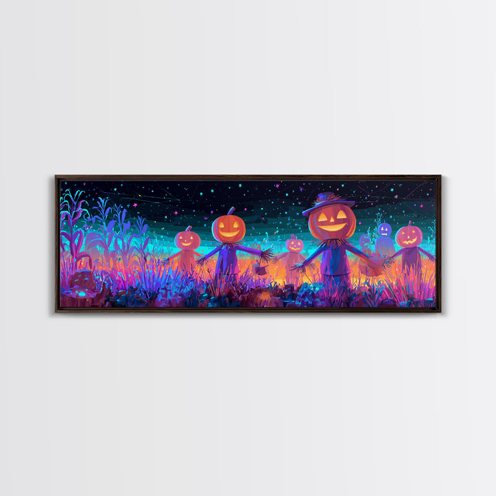 The Starry Cornfield Maze, Retro Neon Halloween Art, Extra Wide Wall Art, Canvas Print, Retro Halloween Decor, Neon Wall Art