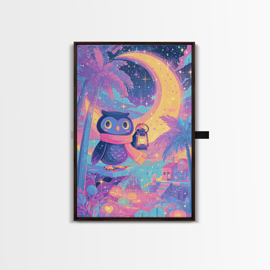The Owl And The Crescent Moon, Cute Spooky Neon Art, Vertical Wall Art, Canvas Print, Retro Halloween Decor, Neon Wall Art