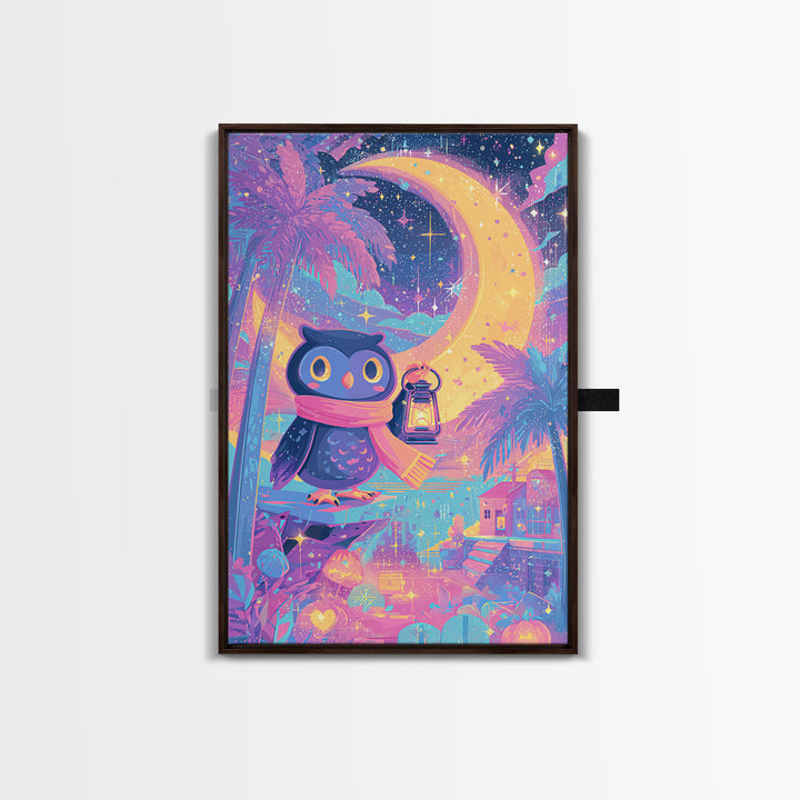 The Owl And The Crescent Moon, Cute Spooky Neon Art, Vertical Wall Art, Canvas Print, Retro Halloween Decor, Neon Wall Art