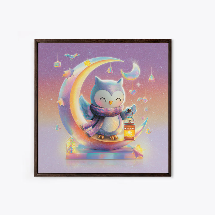 The Owl And The Crescent Moon, Retro Neon Halloween Art, Square Wall Art, Framed Canvas Print, Retro Halloween Decor, Neon Wall Art
