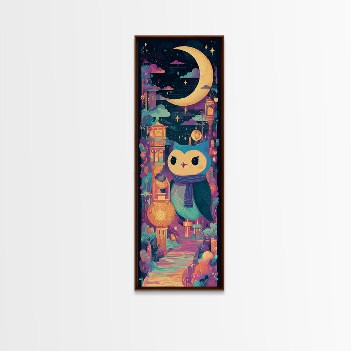 The Owl And The Crescent Moon, 80s Halloween Wall Art, Tall Narrow Wall Art, Canvas Print, Retro Halloween Decor, Neon Wall Art