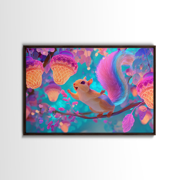 The Acorn Lantern Festival, Cute Spooky Neon Art, Landscape Wall Art, Framed Canvas Print, Retro Halloween Decor, Neon Wall Art