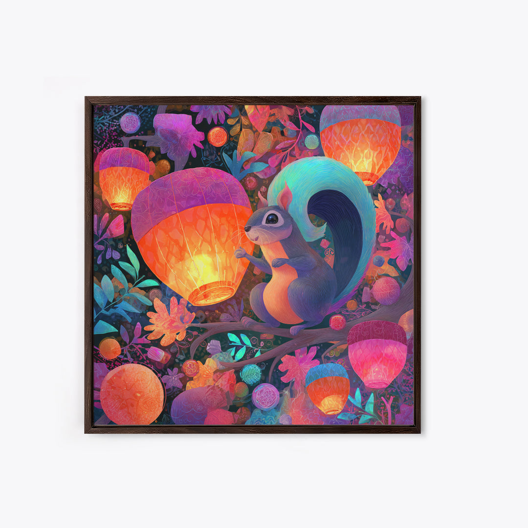 The Acorn Lantern Festival, Cute Spooky Neon Art, Square Wall Art, Framed Canvas Print, Retro Halloween Decor, Neon Wall Art