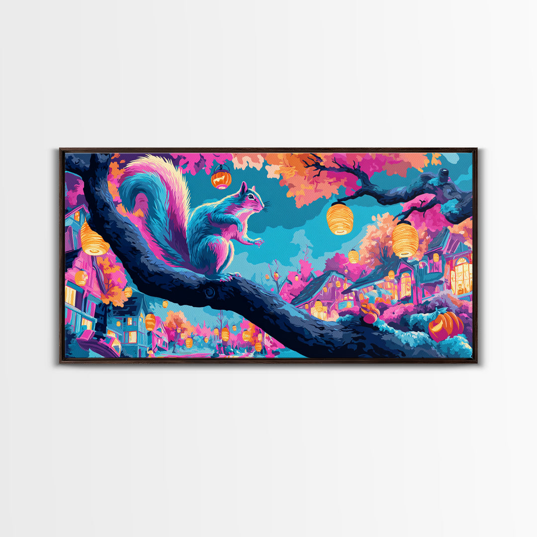 The Acorn Lantern Festival, Synthwave Halloween Art, Wide Panoramic Art, Framed Canvas Print, Retro Halloween Decor, Neon Wall Art