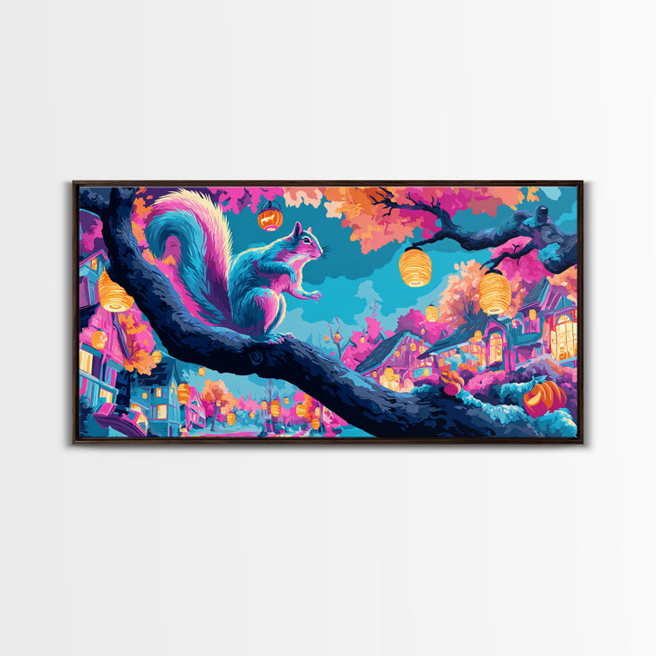The Acorn Lantern Festival, Synthwave Halloween Art, Wide Panoramic Art, Framed Canvas Print, Retro Halloween Decor, Neon Wall Art
