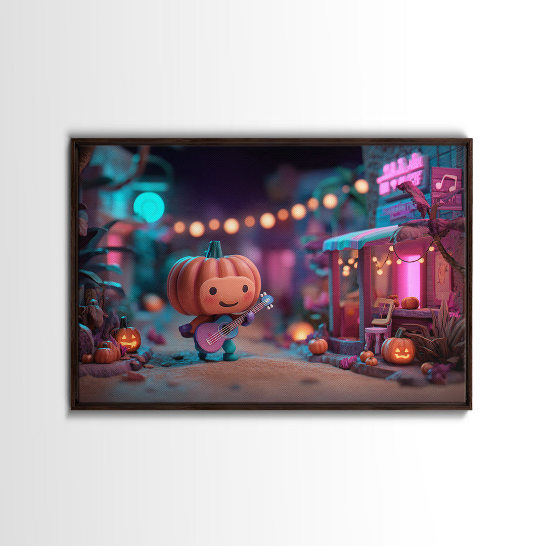 The Singing Pumpkin Patch, Vaporwave Halloween Decor, Landscape Wall Art, Framed Canvas Print, Retro Halloween Decor, Neon Wall Art