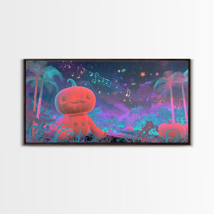 The Singing Pumpkin Patch, Vaporwave Halloween Decor, Wide Panoramic Art, Framed Canvas Print, Retro Halloween Decor, Neon Wall Art