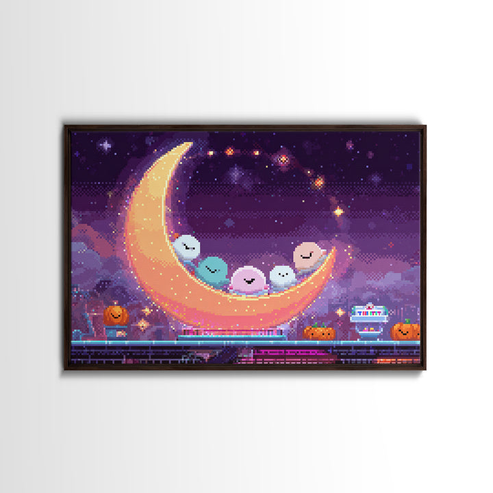 The Tiny Moon Carnival, Vaporwave Halloween Decor, Landscape Wall Art, Framed Canvas Print, Retro Halloween Decor, Neon Wall Art
