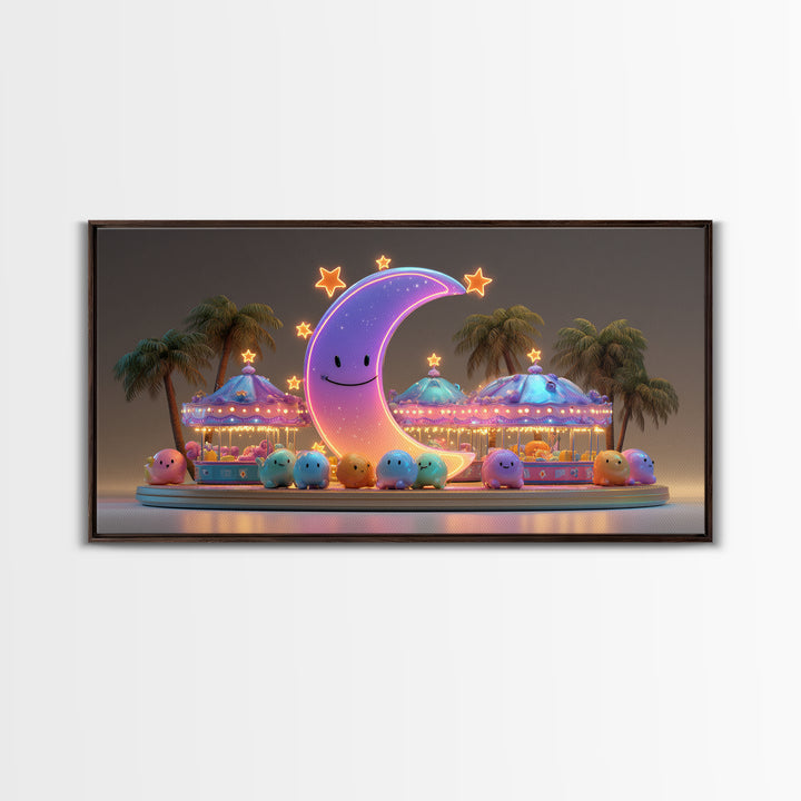 The Tiny Moon Carnival, Retro Neon Halloween Art, Wide Panoramic Art, Framed Canvas Print, Retro Halloween Decor, Neon Wall Art