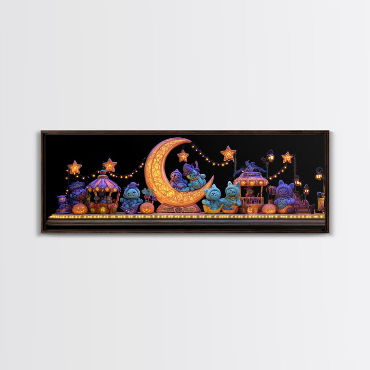 The Tiny Moon Carnival, 80s Halloween Wall Art, Extra Wide Wall Art, Framed Canvas Print, Retro Halloween Decor, Neon Wall Art