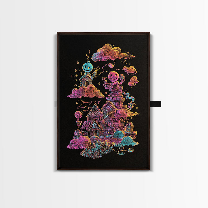 The Upside-Down Candy Kingdom, Vaporwave Halloween Decor, Vertical Wall Art, Canvas Print, Retro Halloween Decor, Neon Wall Art