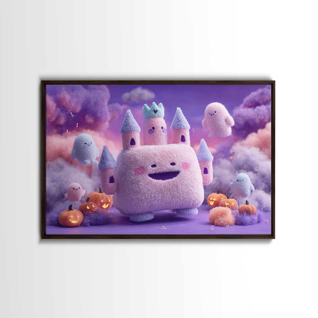 The Halloween Cloud Castle, Vaporwave Halloween Decor, Landscape Wall Art, Framed Canvas Print, Retro Halloween Decor, Neon Wall Art