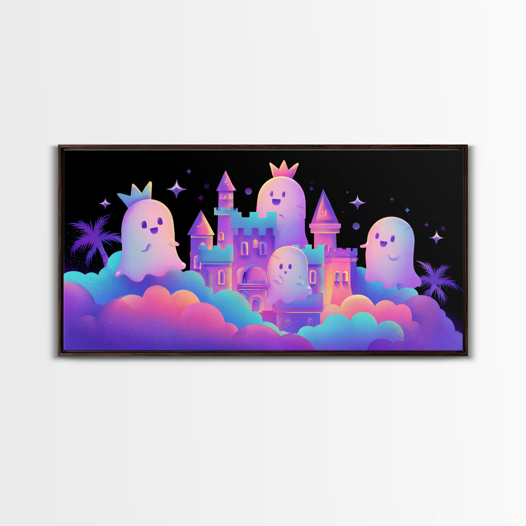 The Halloween Cloud Castle, 80s Halloween Wall Art, Wide Panoramic Art, Framed Canvas Print, Retro Halloween Decor, Neon Wall Art