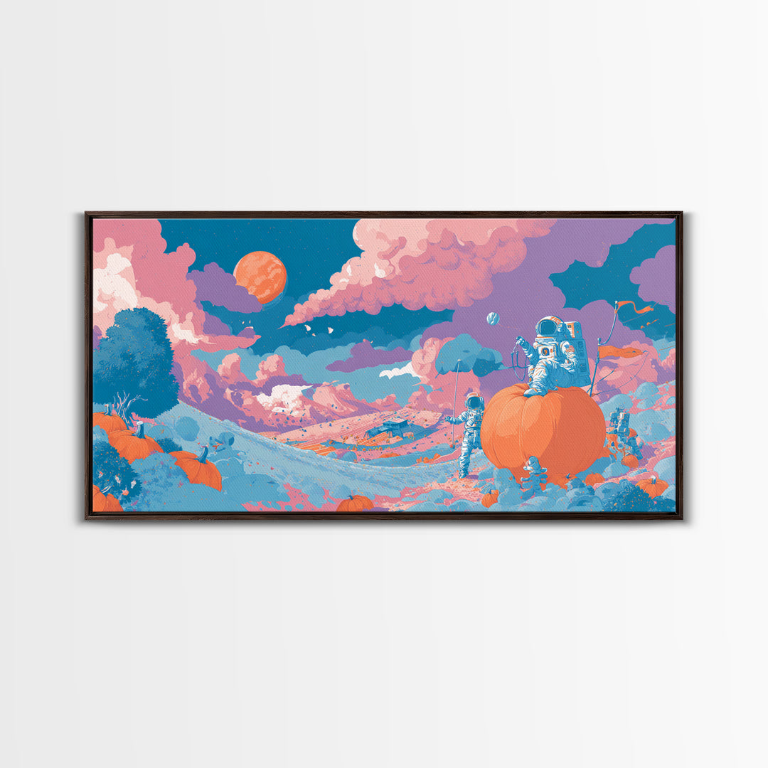 The Pumpkin Moon Expedition, Cute Spooky Neon Art, Wide Panoramic Art, Canvas Print, Retro Halloween Decor, Neon Wall Art, Spooky Wall Decor