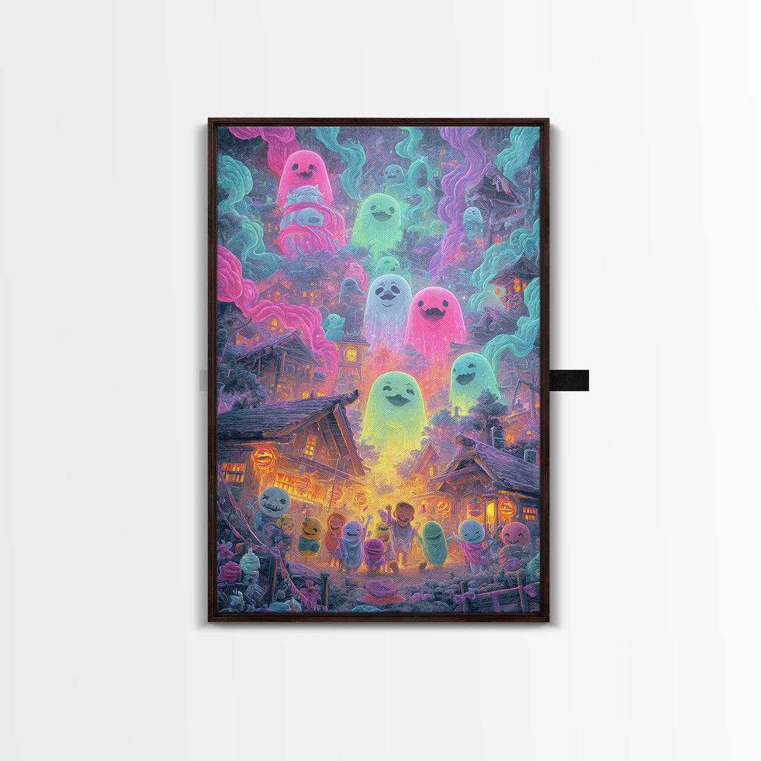 The Ghost Balloon City, Retro Neon Halloween Art, Vertical Wall Art, Framed Canvas Print, Retro Halloween Decor, Neon Wall Art