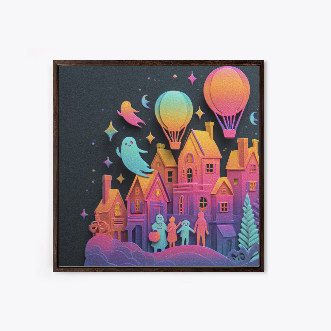 The Ghost Balloon City, Cute Spooky Neon Art, Square Wall Art, Canvas Print, Retro Halloween Decor, Neon Wall Art, Horror Wall Art