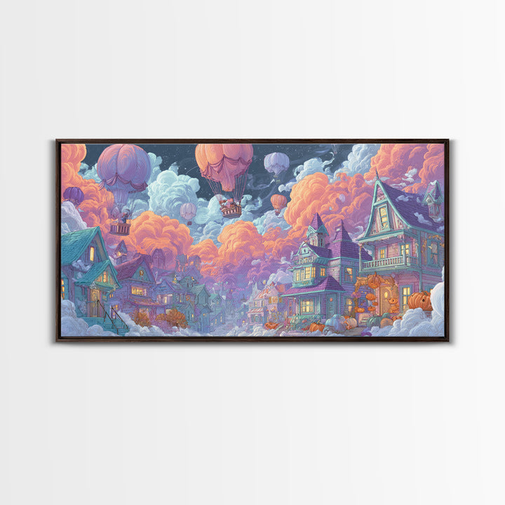 The Ghost Balloon City, Synthwave Halloween Art, Wide Panoramic Art, Framed Canvas Print, Retro Halloween Decor, Neon Wall Art