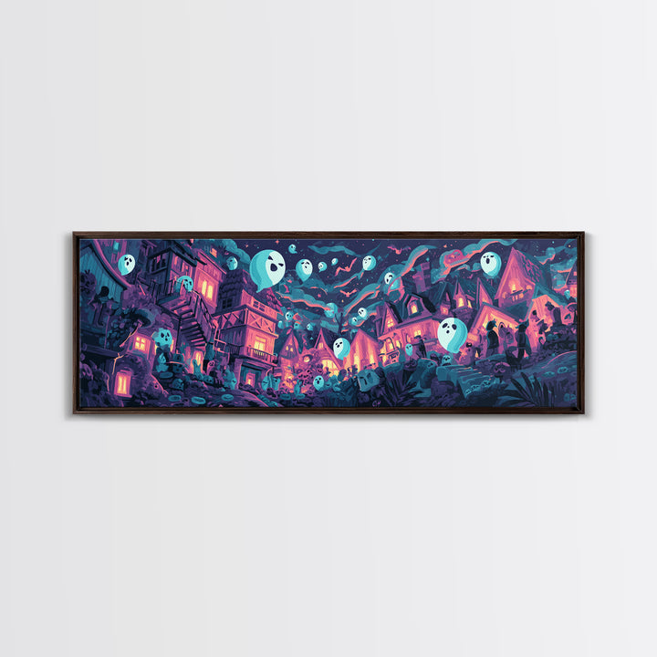 The Ghost Balloon City, Synthwave Halloween Art, Extra Wide Wall Art, Canvas Print, Retro Halloween Decor, Neon Wall Art, Statement Wall Art