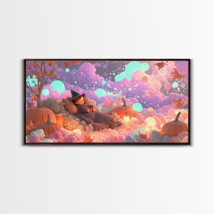 The Candy Comet Adventure, Synthwave Halloween Art, Wide Panoramic Art, Framed Canvas Print, Retro Halloween Decor, Neon Wall Art