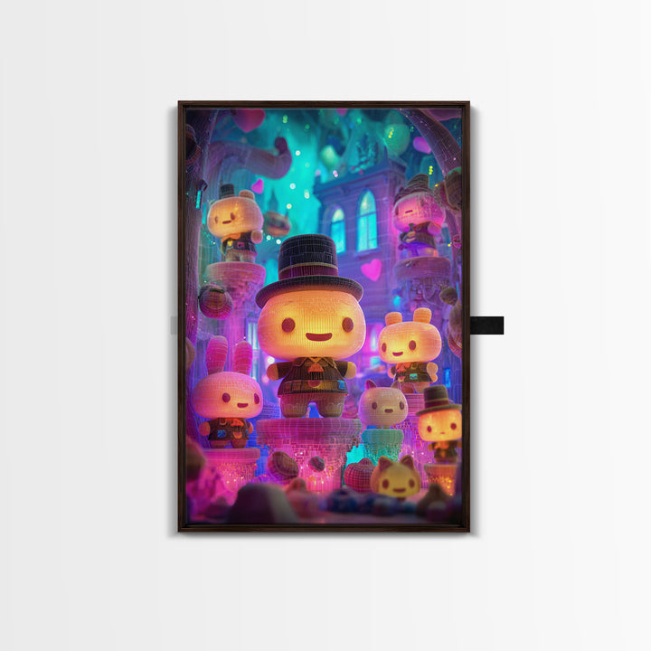 The Halloween Toy Kingdom, Cute Spooky Neon Art, Vertical Wall Art, Framed Canvas Print, Retro Halloween Decor, Neon Wall Art