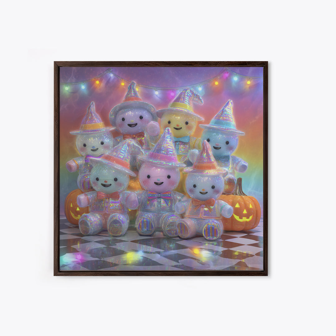 The Halloween Toy Kingdom, Cute Spooky Neon Art, Square Wall Art, Framed Canvas Print, Retro Halloween Decor, Neon Wall Art