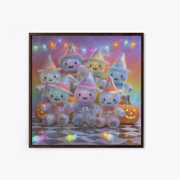 The Halloween Toy Kingdom, Cute Spooky Neon Art, Square Wall Art, Framed Canvas Print, Retro Halloween Decor, Neon Wall Art