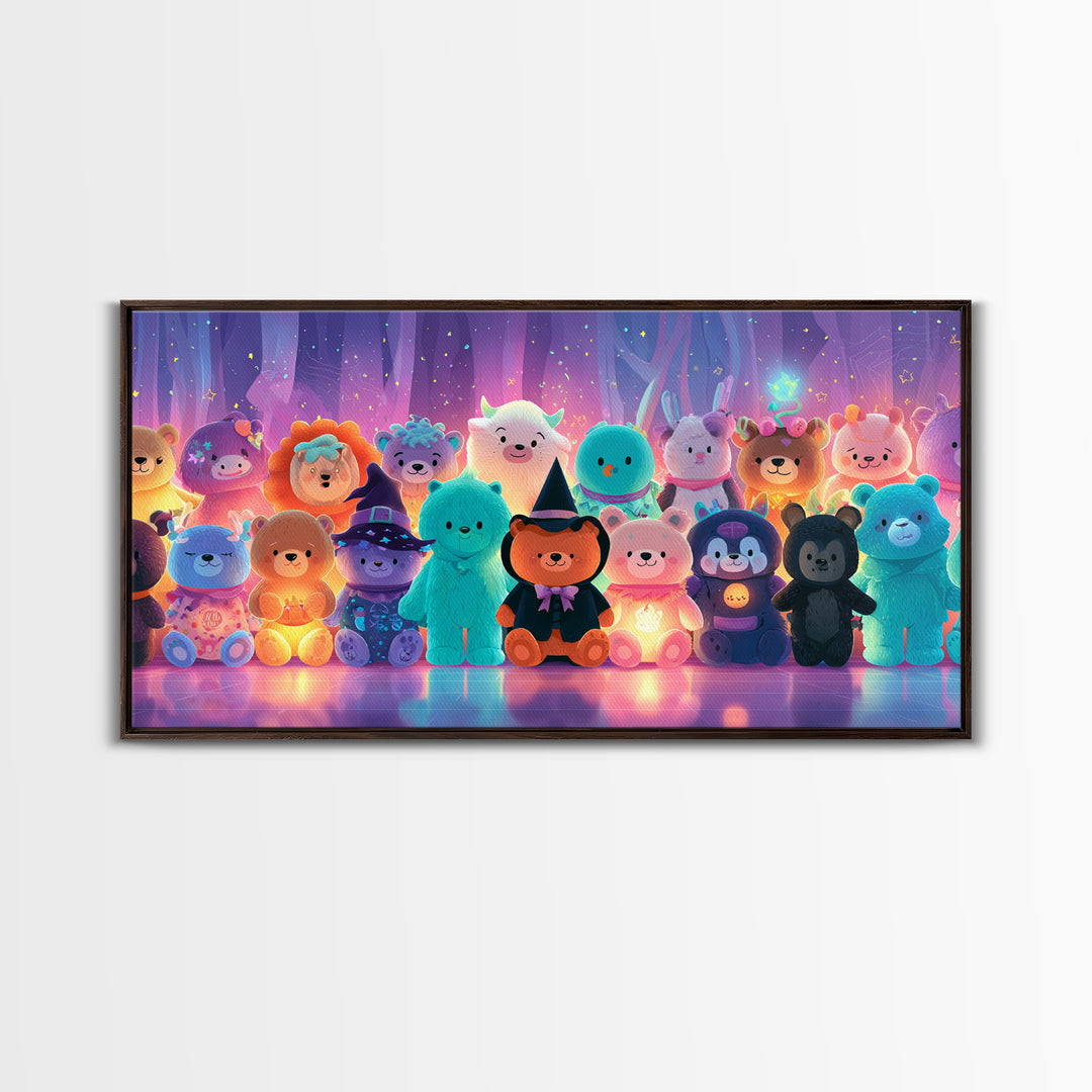 The Halloween Toy Kingdom, Vaporwave Halloween Decor, Wide Panoramic Art, Framed Canvas Print, Retro Halloween Decor, Neon Wall Art