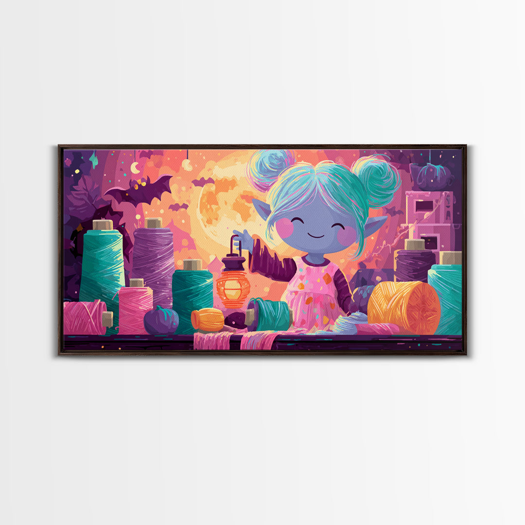 The Magical Costume Workshop, 80s Halloween Wall Art, Wide Panoramic Art, Framed Canvas Print, Retro Halloween Decor, Neon Wall Art