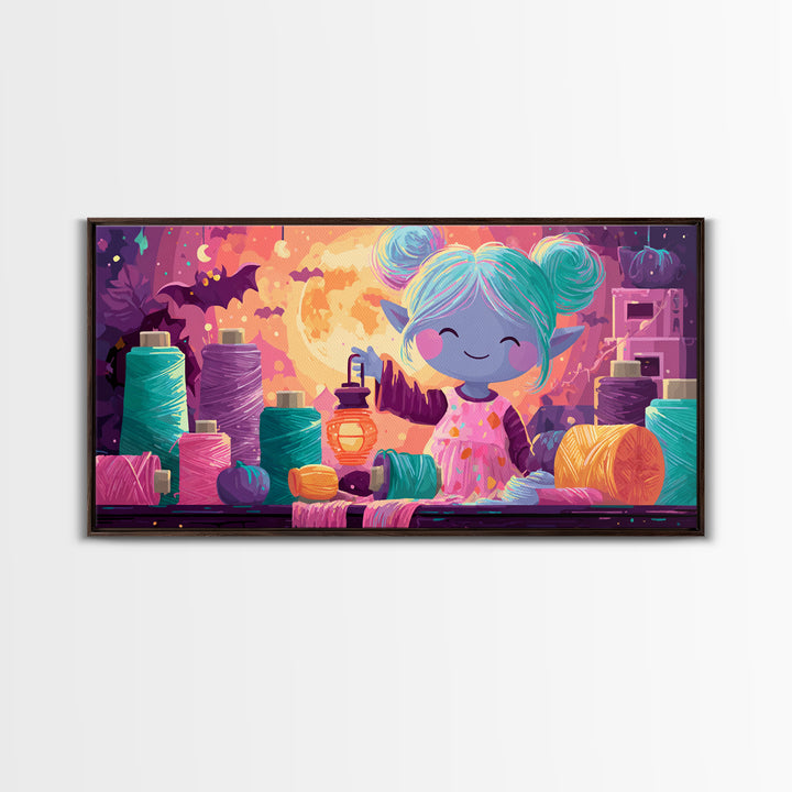 The Magical Costume Workshop, 80s Halloween Wall Art, Wide Panoramic Art, Framed Canvas Print, Retro Halloween Decor, Neon Wall Art