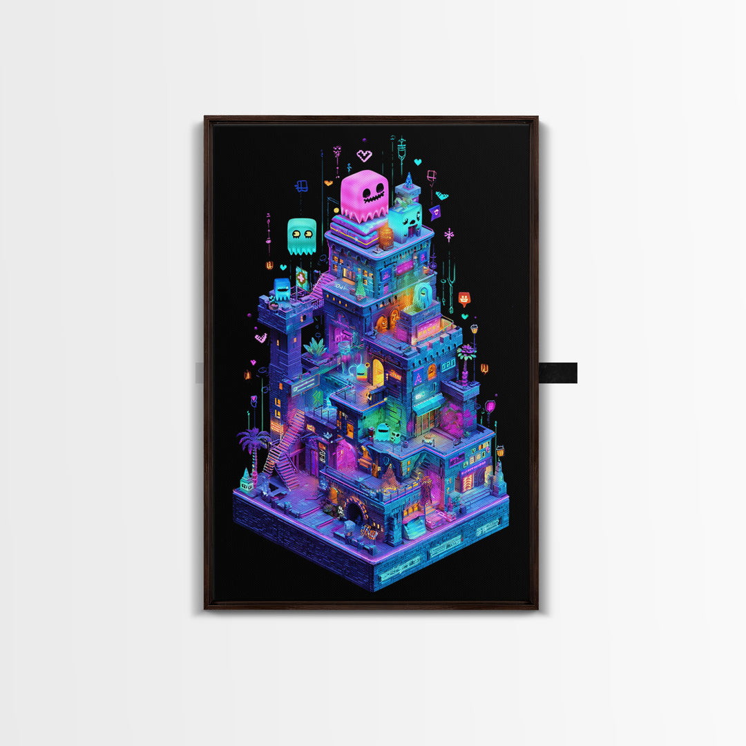 The Great Monster Pajama Party, Retro Neon Halloween Art, Vertical Wall Art, Framed Canvas Print, Retro Halloween Decor, Neon Wall Art