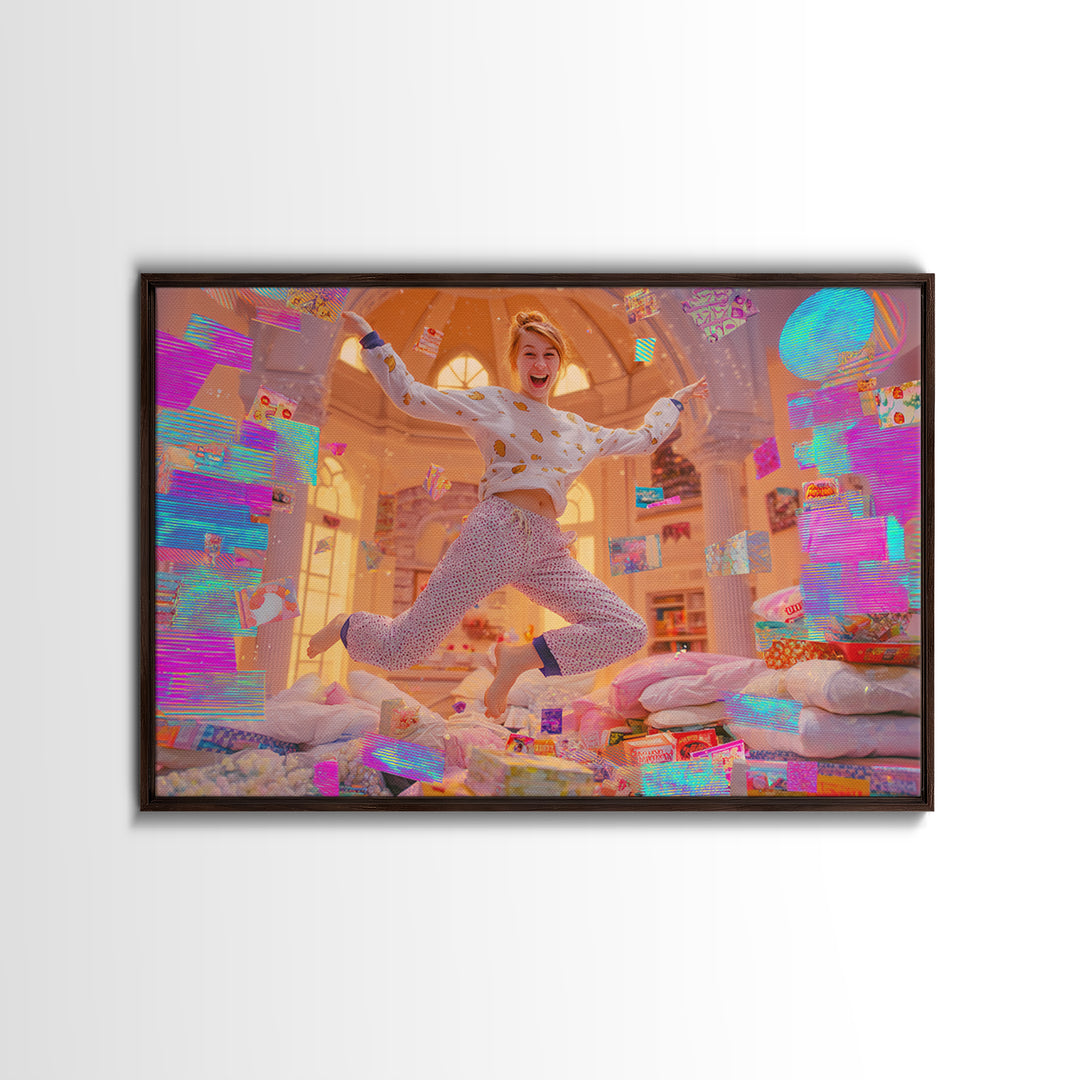 The Great Monster Pajama Party, Cute Spooky Neon Art, Landscape Wall Art, Framed Canvas Print, Retro Halloween Decor, Neon Wall Art