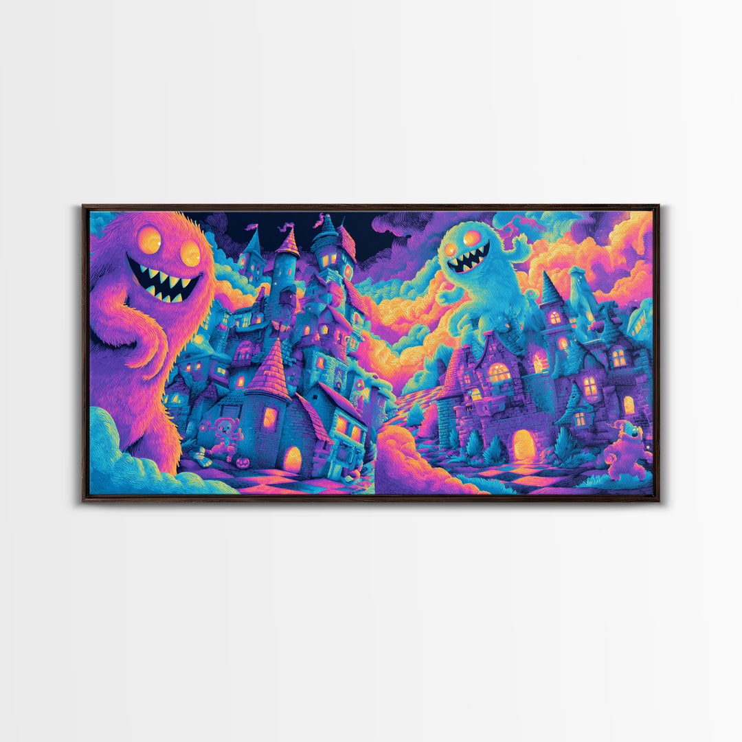 The Great Monster Pajama Party, Cute Spooky Neon Art, Wide Panoramic Art, Framed Canvas Print, Retro Halloween Decor, Neon Wall Art