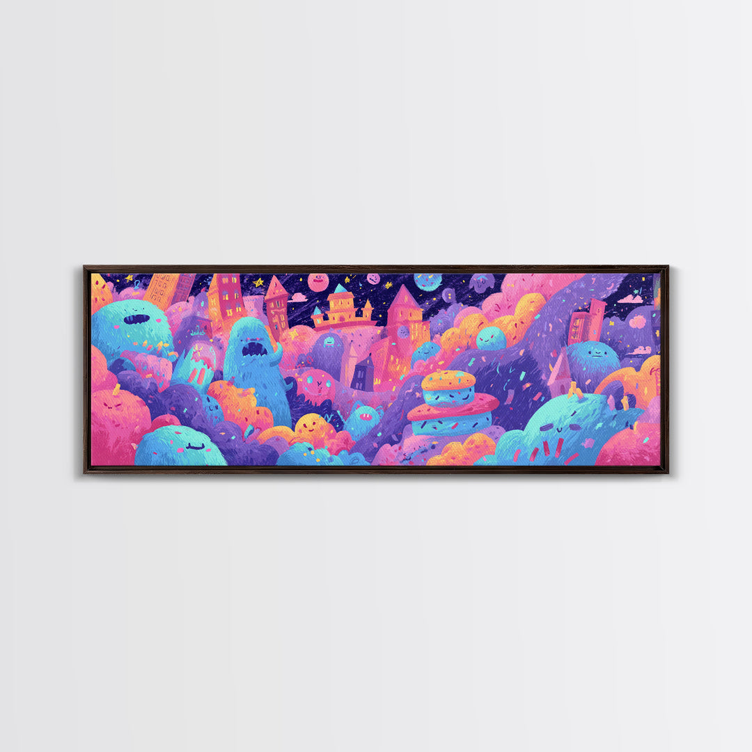 The Great Monster Pajama Party, Vaporwave Halloween Decor, Extra Wide Wall Art, Canvas Print, Retro Halloween Decor, Neon Wall Art