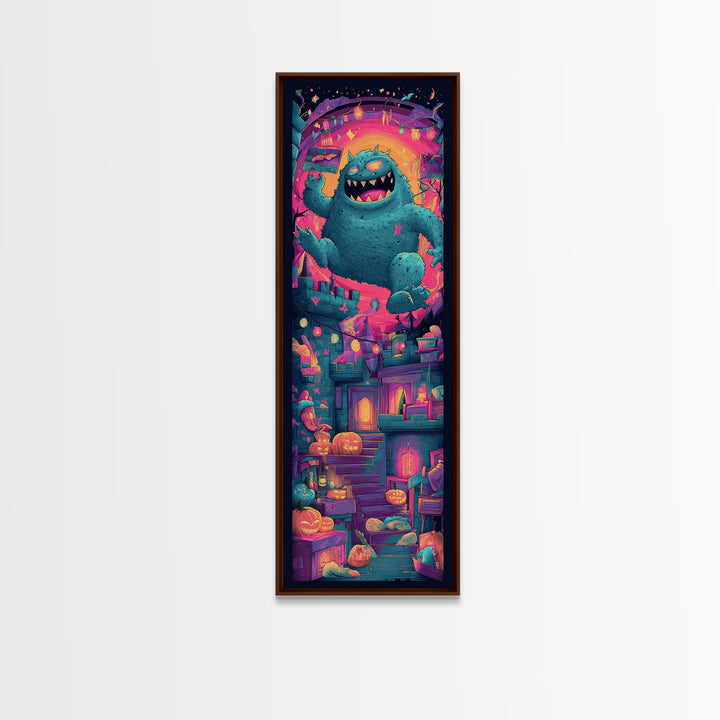 The Great Monster Pajama Party, Vaporwave Halloween Decor, Tall Narrow Wall Art, Canvas Print, Retro Halloween Decor, Neon Wall Art
