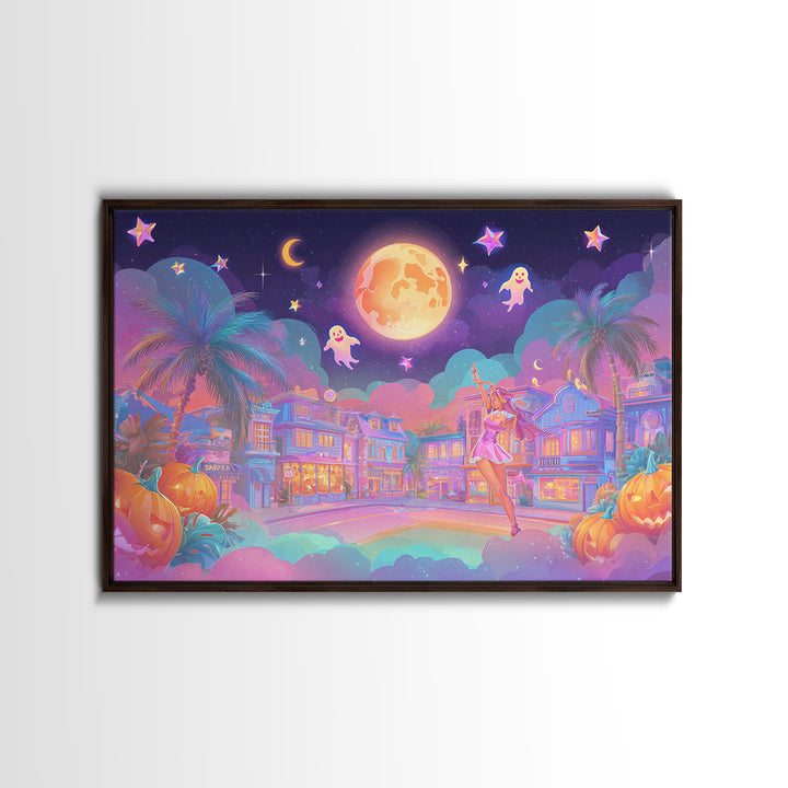 The Rainbow Halloween Night, 80s Halloween Wall Art, Landscape Wall Art, Canvas Print, Retro Halloween Decor, Neon Wall Art
