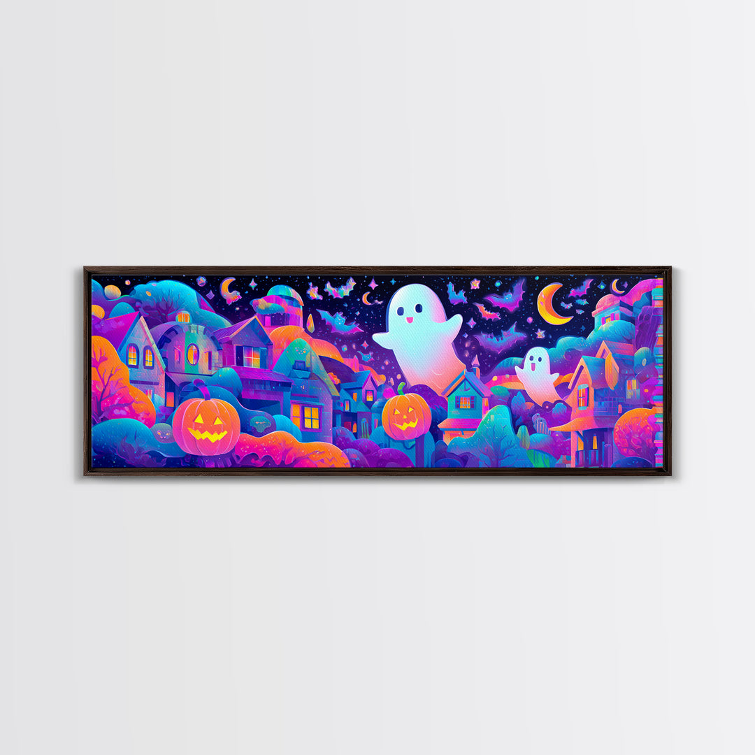 The Rainbow Halloween Night, Cute Spooky Neon Art, Extra Wide Wall Art, Canvas Print, Retro Halloween Decor, Neon Wall Art