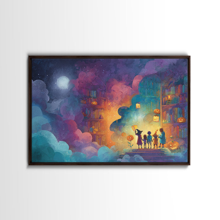 The Enchanted Halloween Library, Retro Neon Halloween Art, Landscape Wall Art, Framed Canvas Print, Retro Halloween Decor, Neon Wall Art