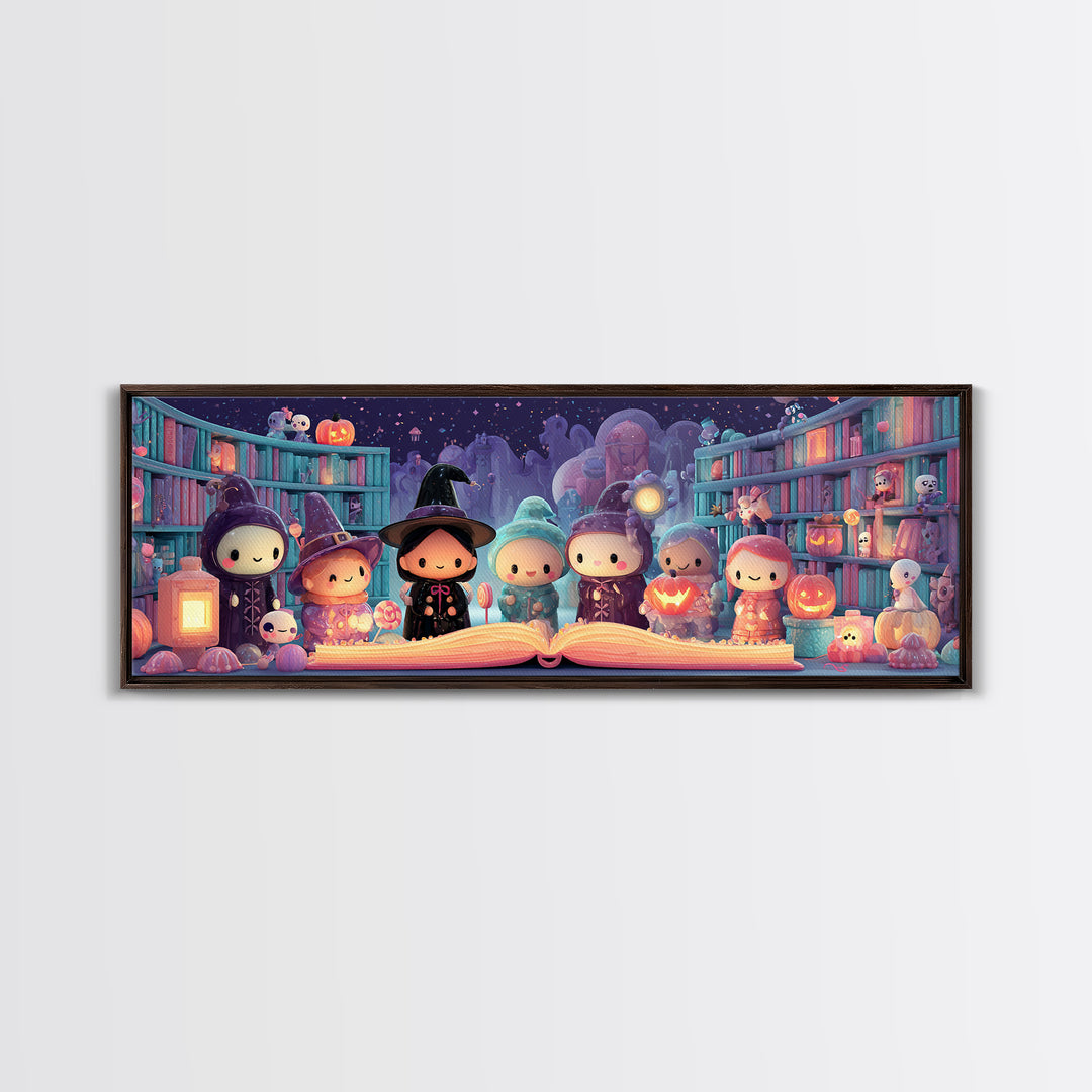 The Enchanted Halloween Library, Cute Spooky Neon Art, Extra Wide Wall Art, Canvas Print, Retro Halloween Decor, Neon Wall Art
