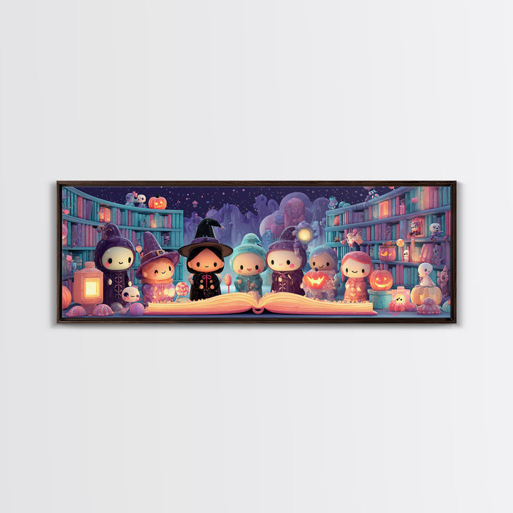 The Enchanted Halloween Library, Cute Spooky Neon Art, Extra Wide Wall Art, Canvas Print, Retro Halloween Decor, Neon Wall Art