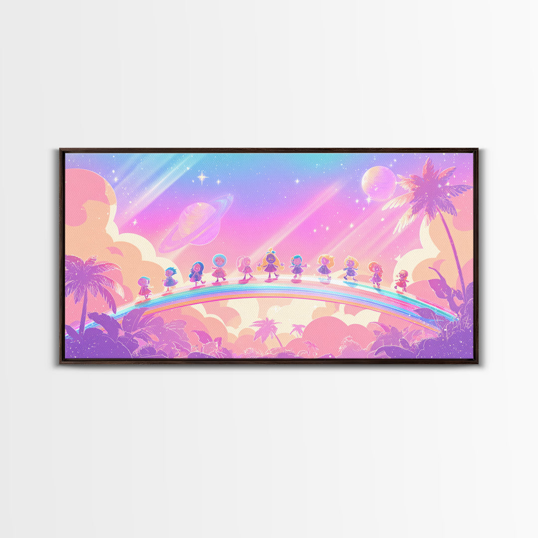 The Parade Across The Stars, Synthwave Halloween Art, Wide Panoramic Art, Framed Canvas Print, Retro Halloween Decor, Neon Wall Art