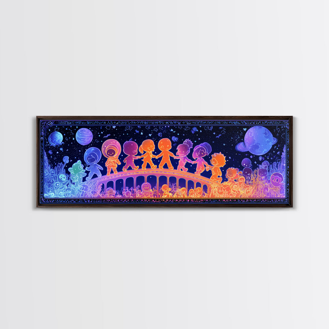 The Parade Across The Stars, Retro Neon Halloween Art, Extra Wide Wall Art, Framed Canvas Print, Retro Halloween Decor, Neon Wall Art
