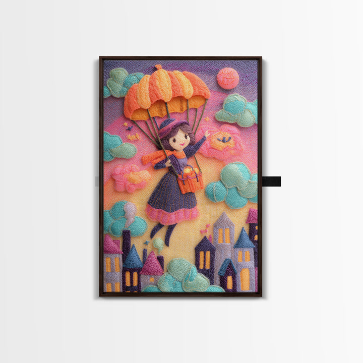 The Enchanted Umbrella Adventure, 80s Halloween Wall Art, Vertical Wall Art, Canvas Print, Retro Halloween Decor, Neon Wall Art